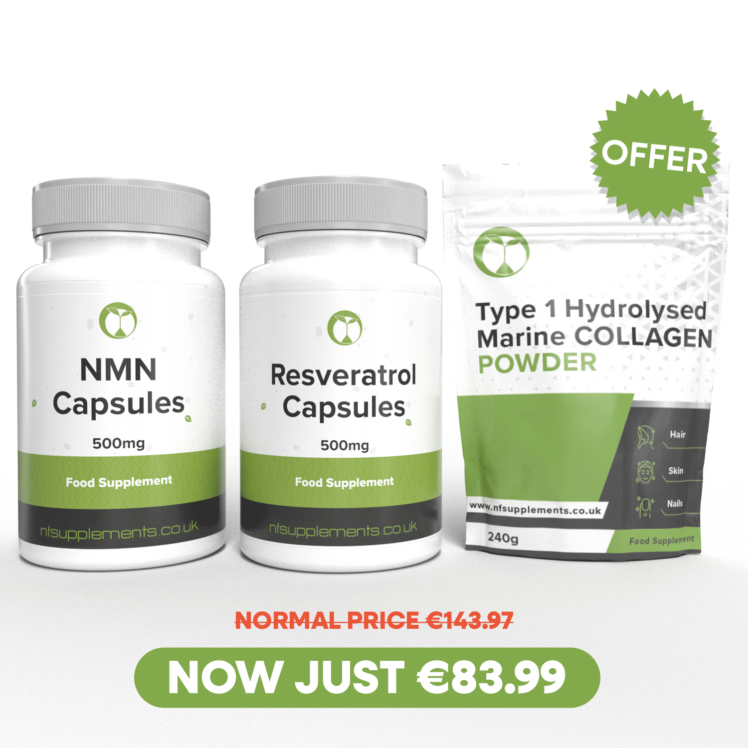 Anti-Ageing Bundle - NMN, Resveratrol & Collagen To Slow Ageing & Reduce Wrinkles